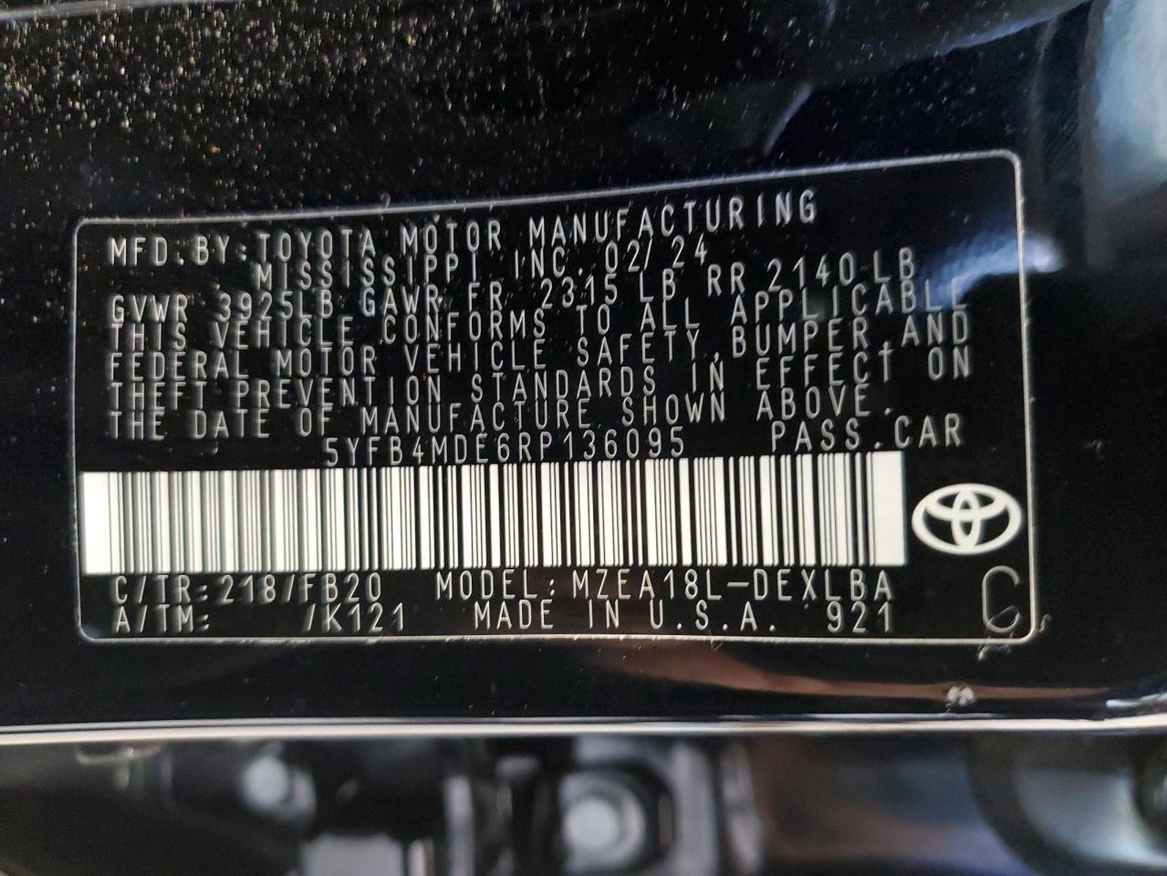 5YFB4MDE6RP136095 2024 Toyota Corolla Le