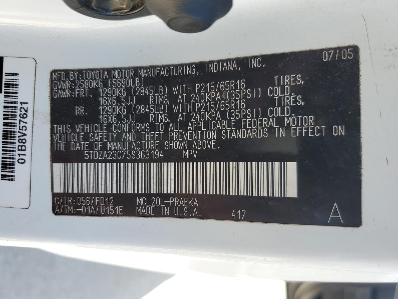 5TDZA23C75S363194 2005 Toyota Sienna Ce