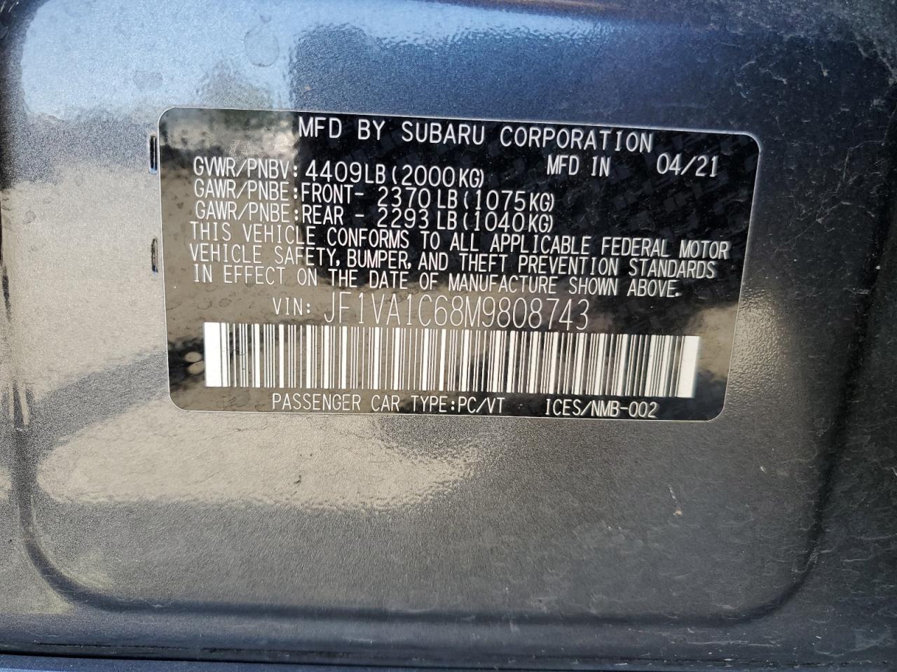 JF1VA1C68M9808743 2021 Subaru Wrx Premium