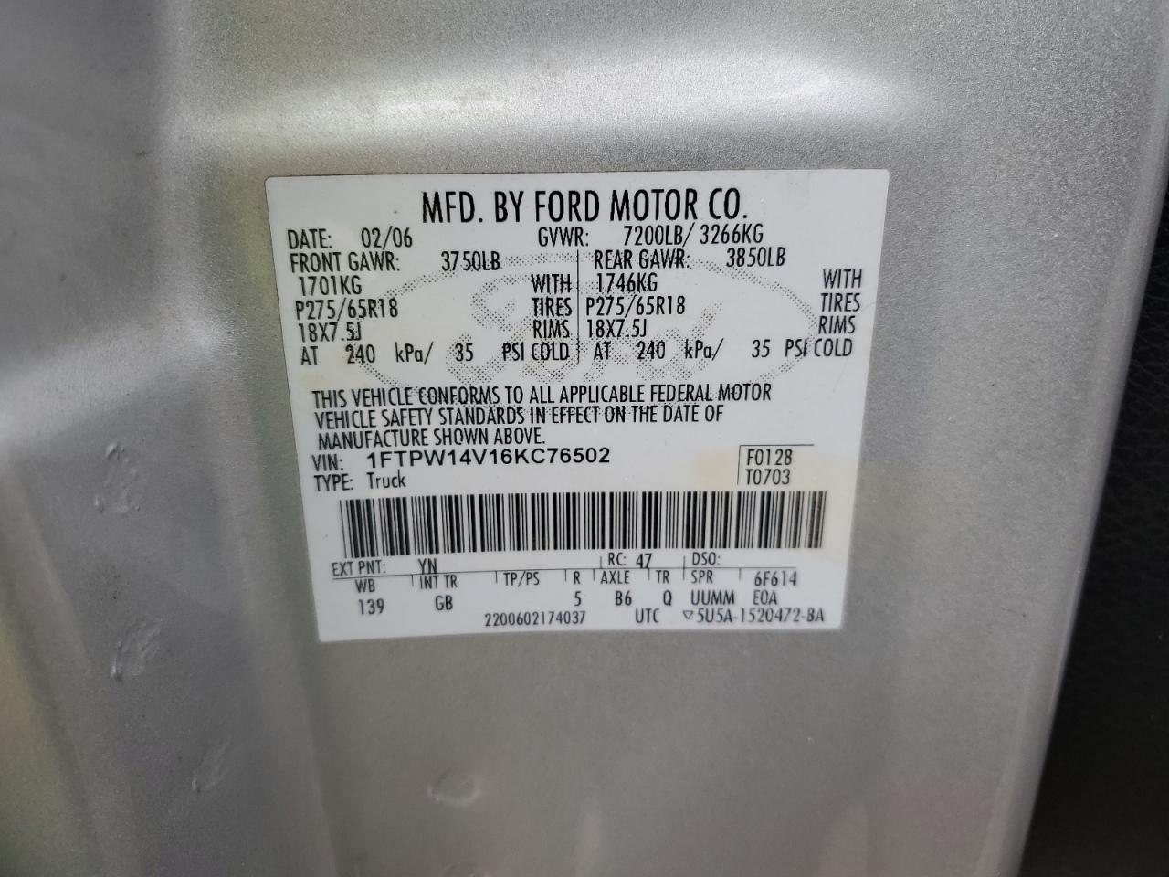 1FTPW14V16KC76502 2006 Ford F150 Supercrew