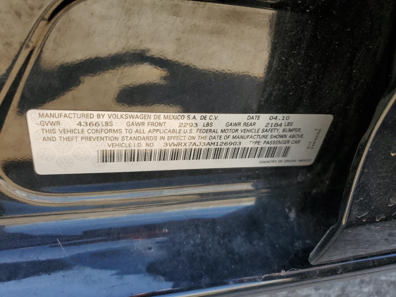 3VWRX7AJ3AM126903 2010 Volkswagen Jetta Se