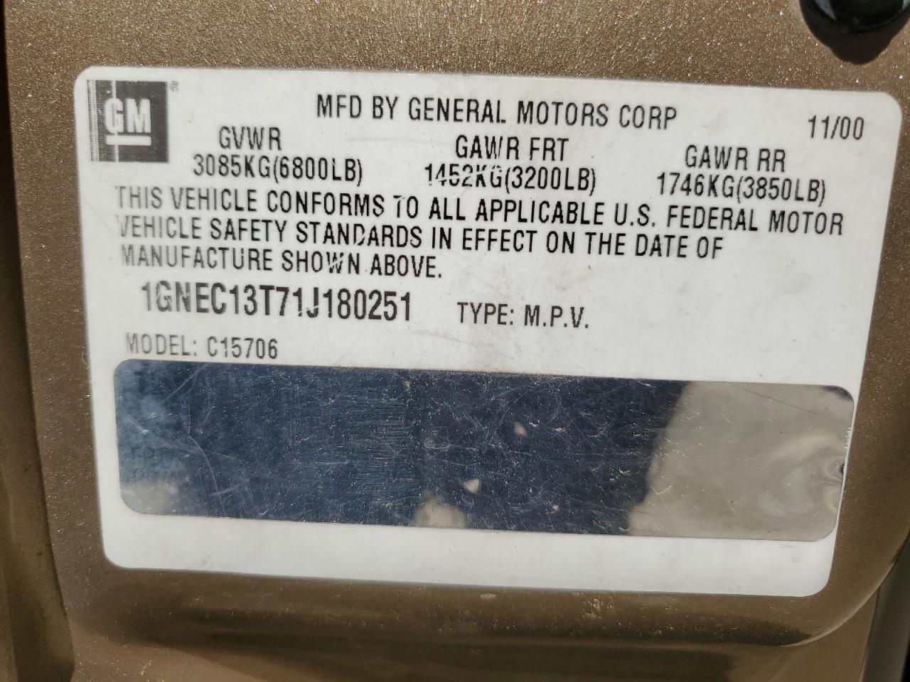 1GNEC13T71J180251 2001 Chevrolet Tahoe C1500