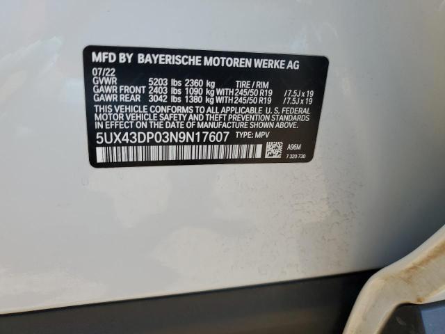 2022 BMW X3 Sdrive30I VIN: 5UX43DP03N9N17607 Lot: 52833434