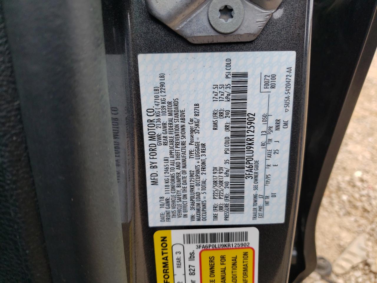 3FA6P0LU9KR125902 2019 Ford Fusion Se