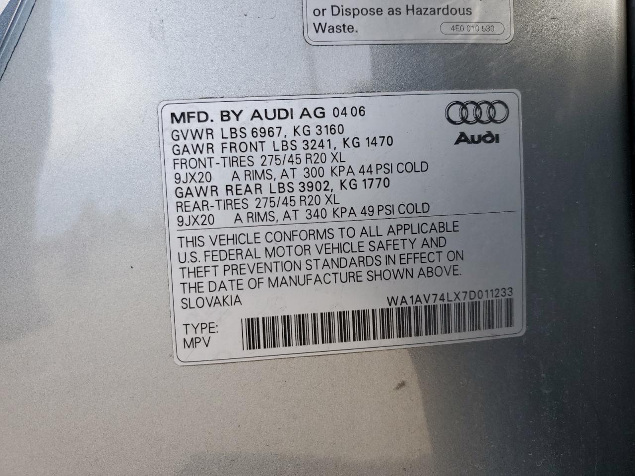 WA1AV74LX7D011233 2007 Audi Q7 4.2 Quattro