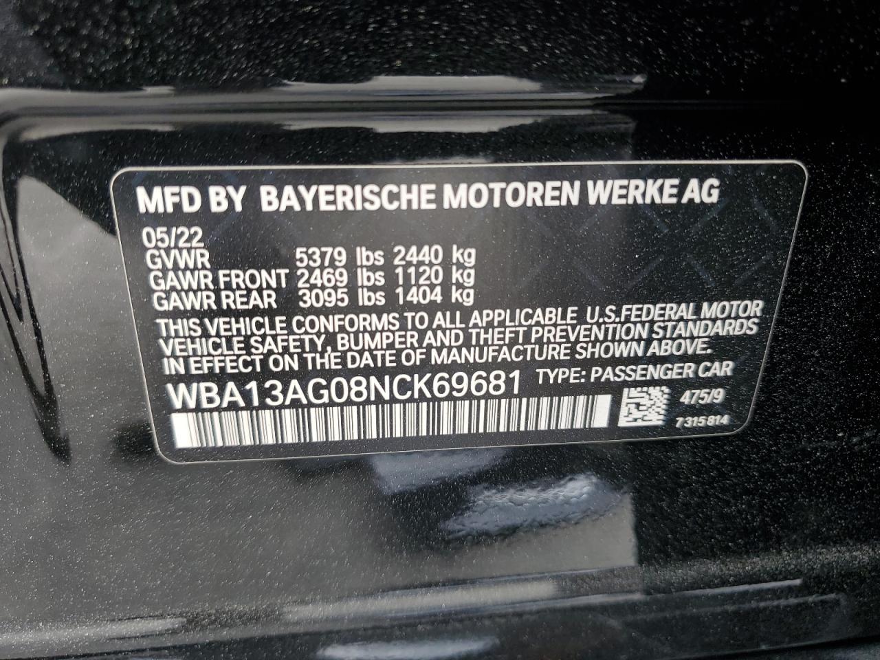 WBA13AG08NCK69681 2022 BMW 530E