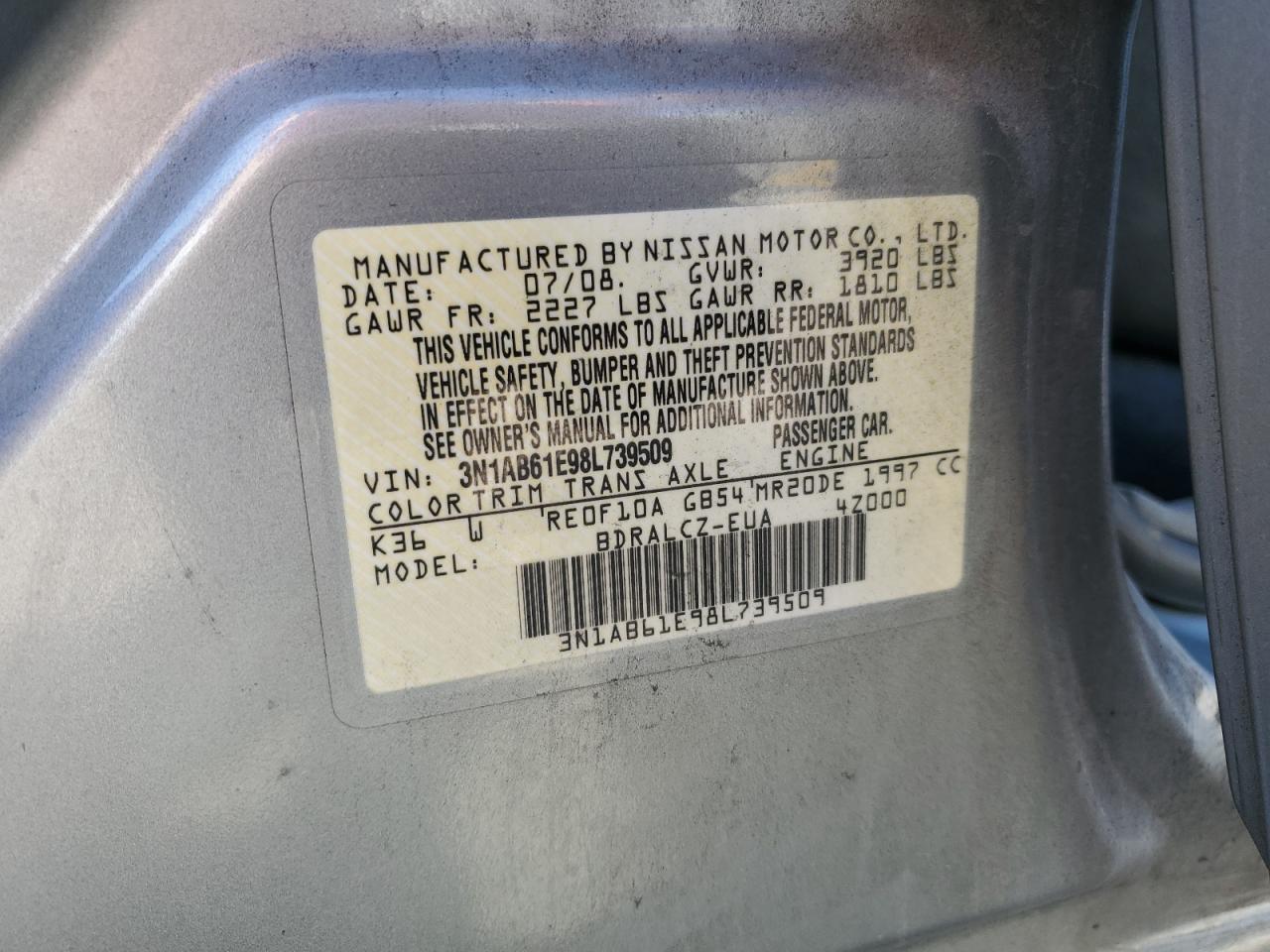 3N1AB61E98L739509 2008 Nissan Sentra 2.0