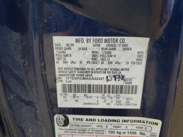 2010 Ford F150 Supercrew VIN: 1FTEW1C86AKA22327 Lot: 51182494