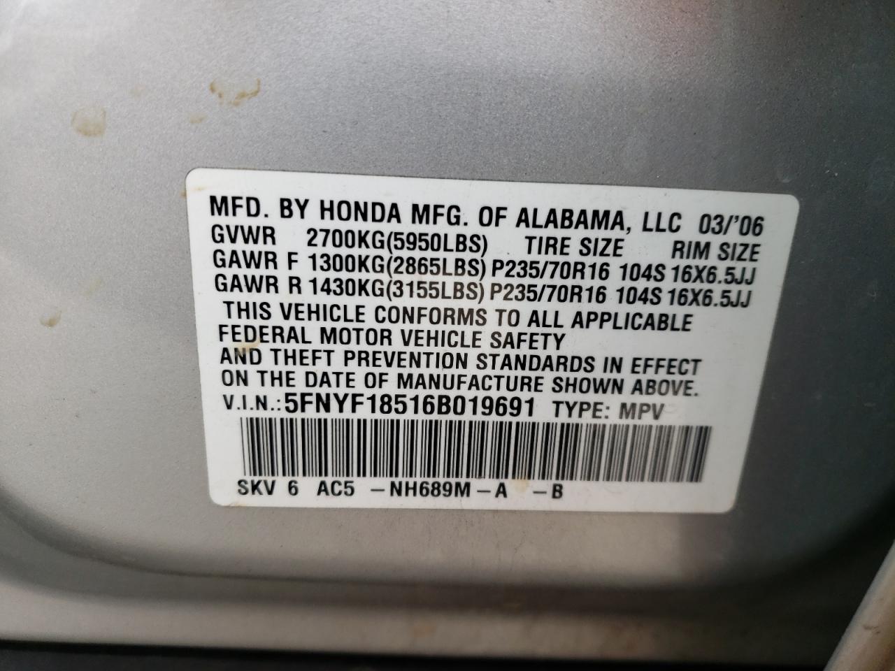 5FNYF18516B019691 2006 Honda Pilot Ex