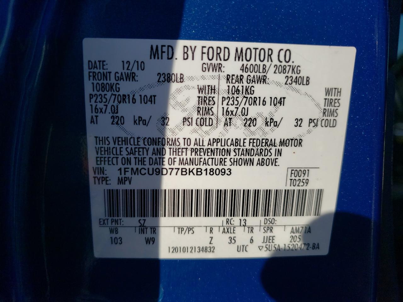 1FMCU9D77BKB18093 2011 Ford Escape Xlt