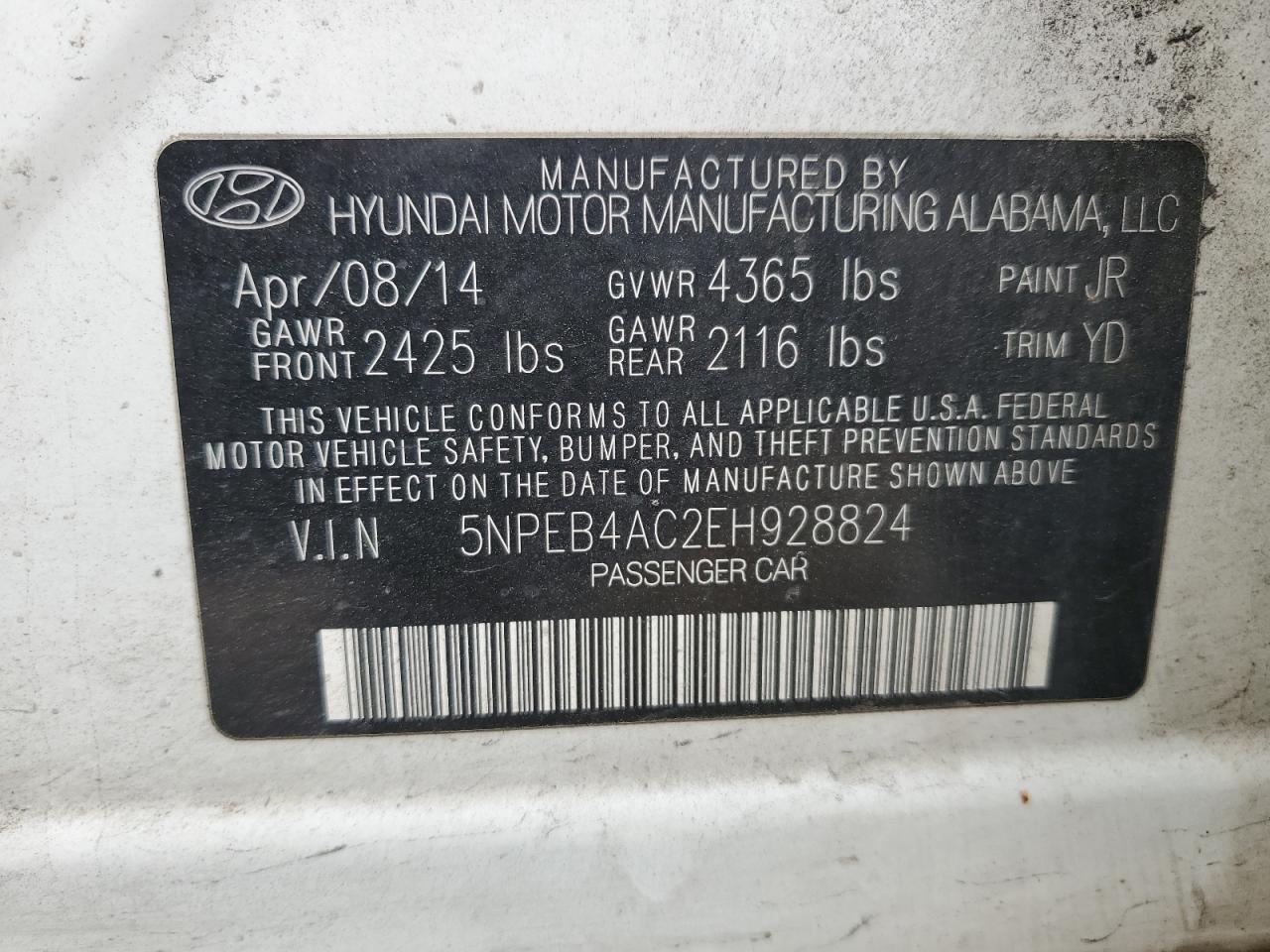 5NPEB4AC2EH928824 2014 Hyundai Sonata Gls