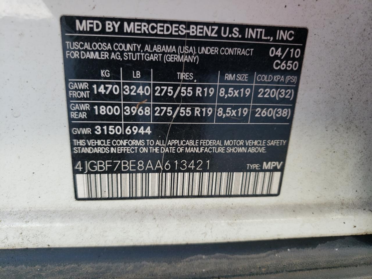 4JGBF7BE8AA613421 2010 Mercedes-Benz Gl 450 4Matic