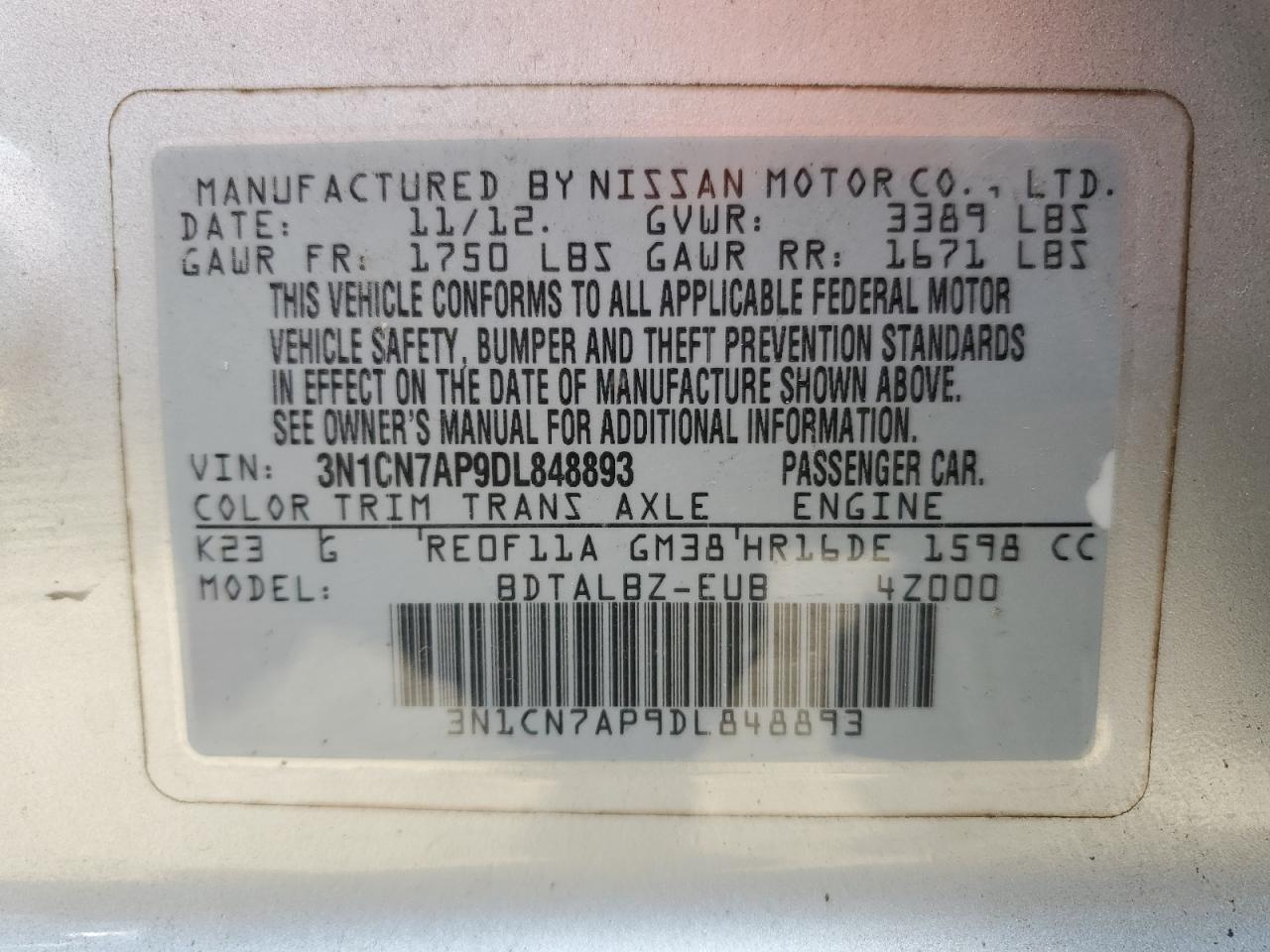 3N1CN7AP9DL848893 2013 Nissan Versa S