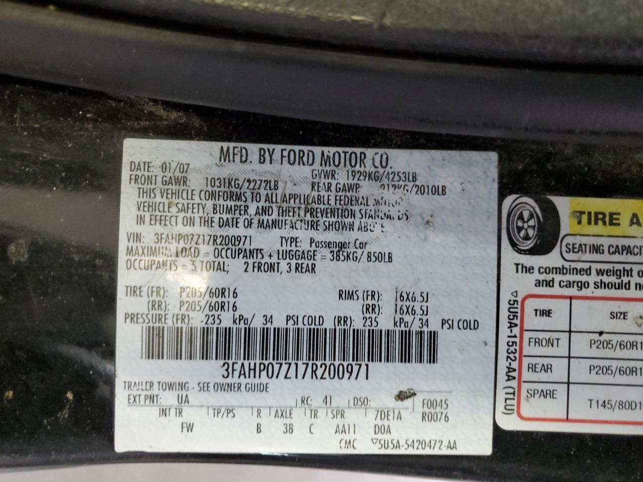 3FAHP07Z17R200971 2007 Ford Fusion Se