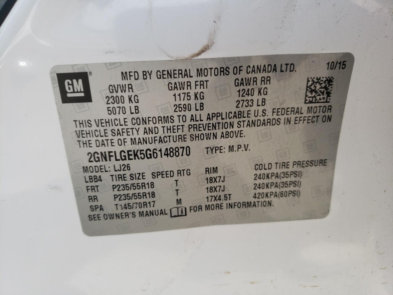 2GNFLGEK5G6148870 2016 Chevrolet Equinox Ltz