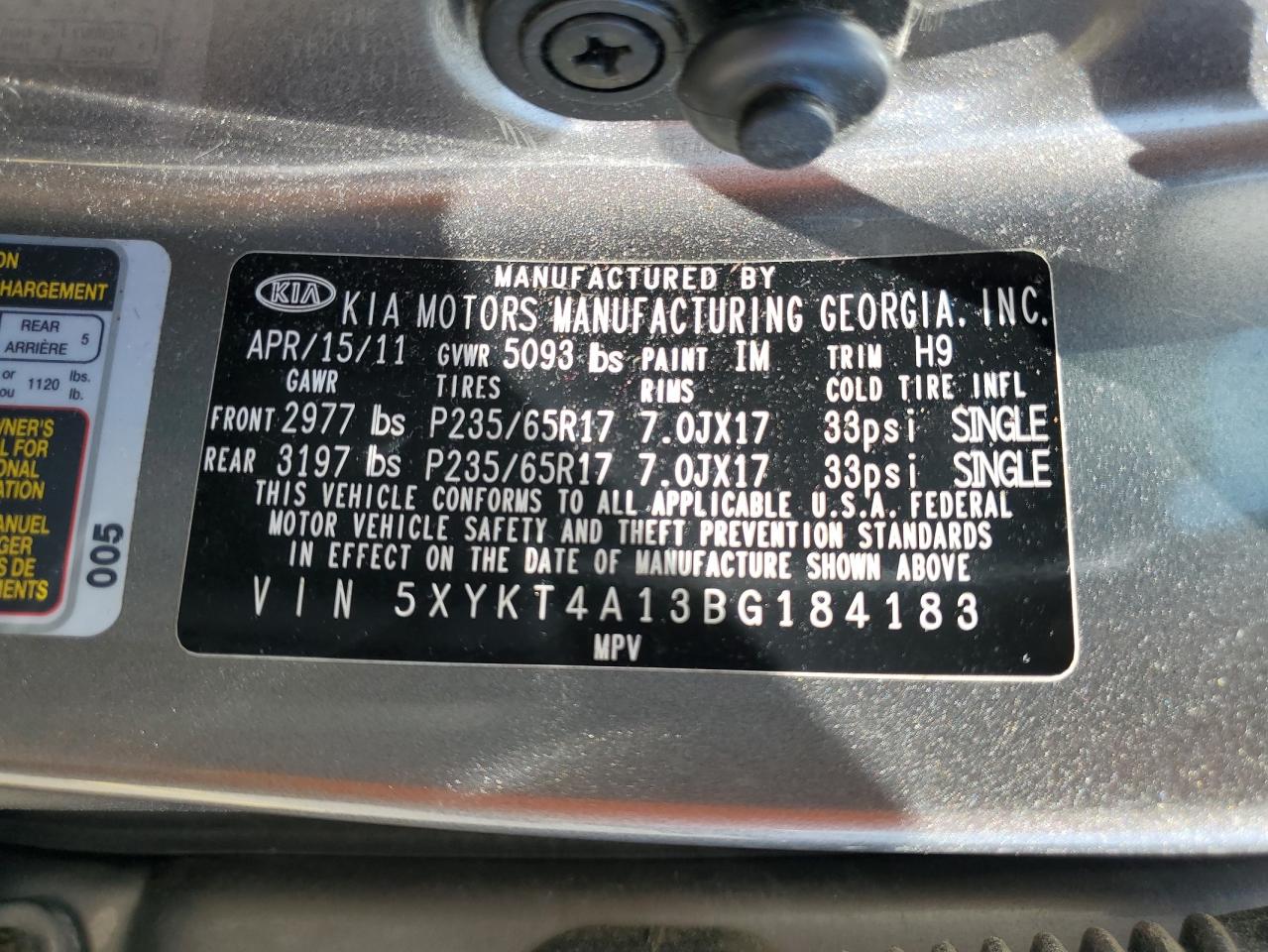 5XYKT4A13BG184183 2011 Kia Sorento Base