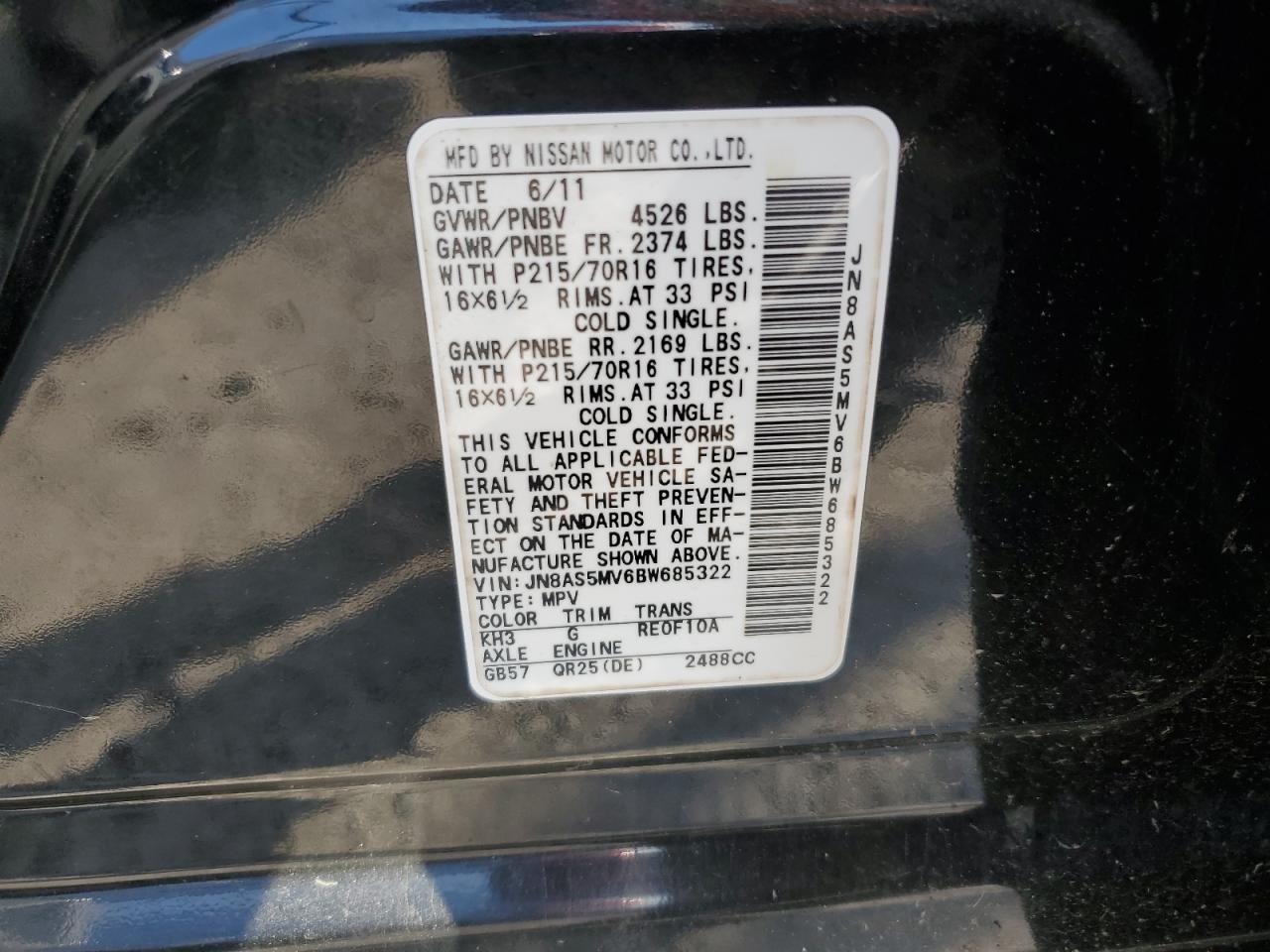 JN8AS5MV6BW685322 2011 Nissan Rogue S