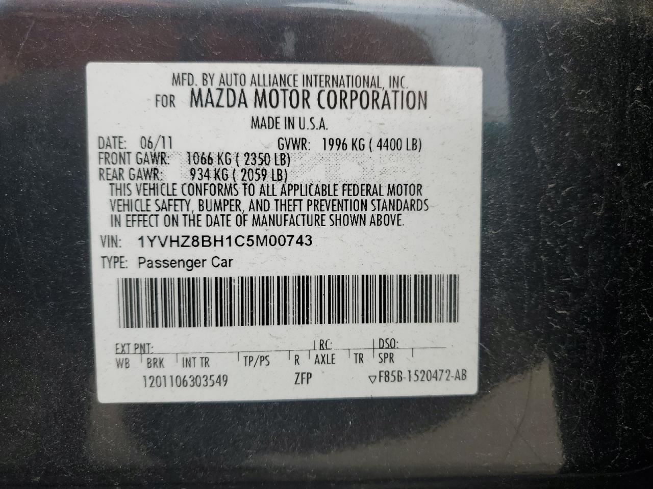 2012 Mazda 6 I vin: 1YVHZ8BH1C5M00743