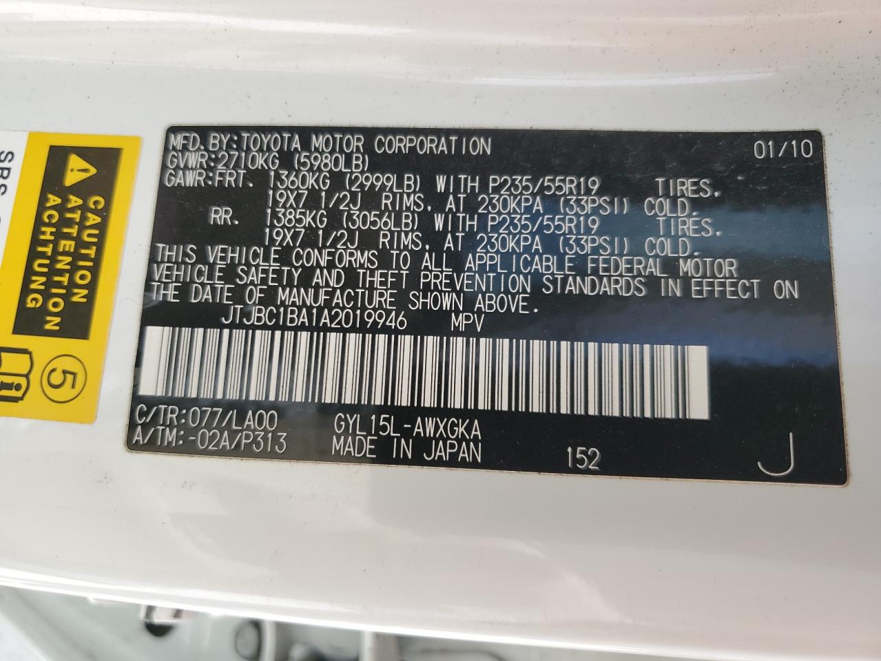 JTJBC1BA1A2019946 2010 Lexus Rx 450