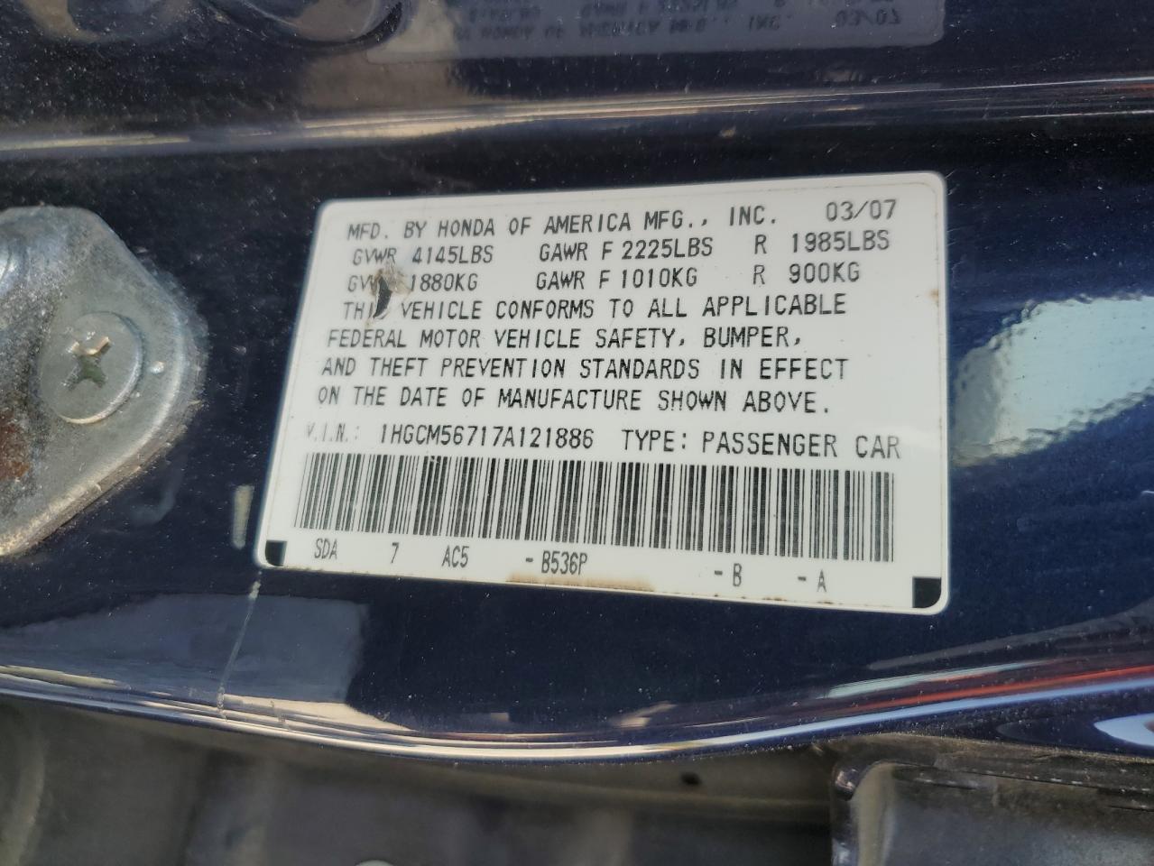 1HGCM56717A121886 2007 Honda Accord Ex