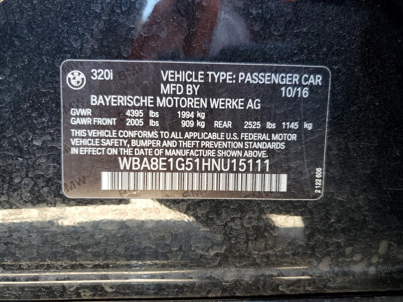 WBA8E1G51HNU15111 2017 BMW 320 I