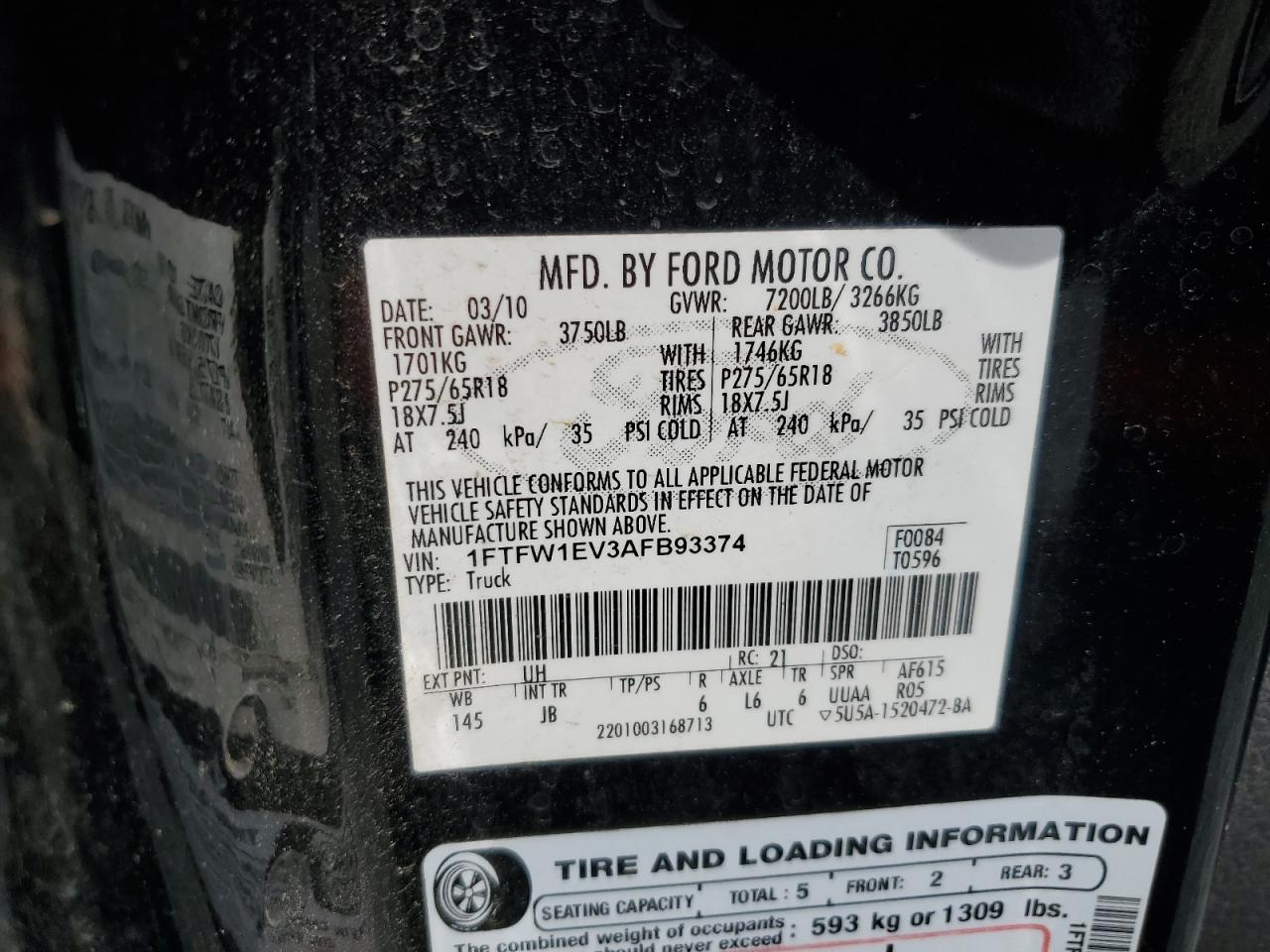 1FTFW1EV3AFB93374 2010 Ford F150 Supercrew