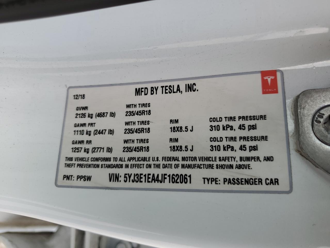 5YJ3E1EA4JF162061 2018 Tesla Model 3