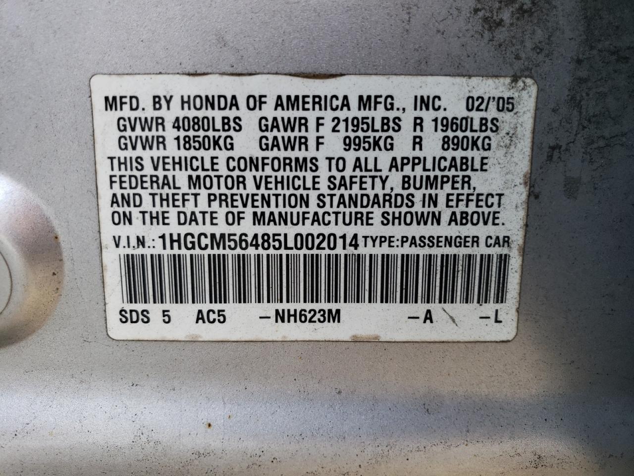 1HGCM56485L002014 2005 Honda Accord Lx