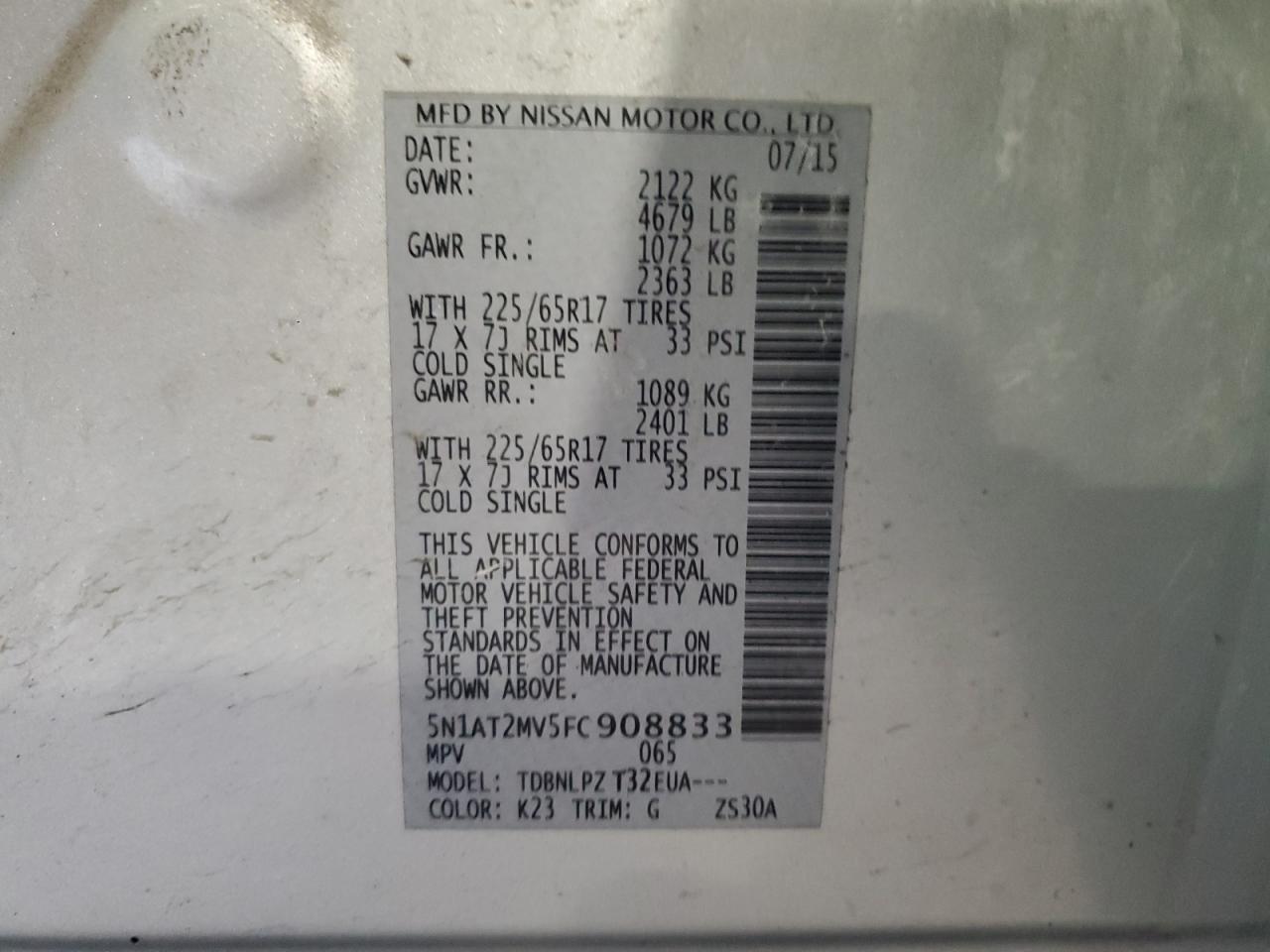 5N1AT2MV5FC908833 2015 Nissan Rogue S