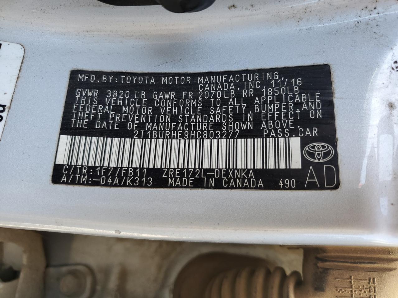 2T1BURHE9HC803277 TOYOTA COROLLA 2017