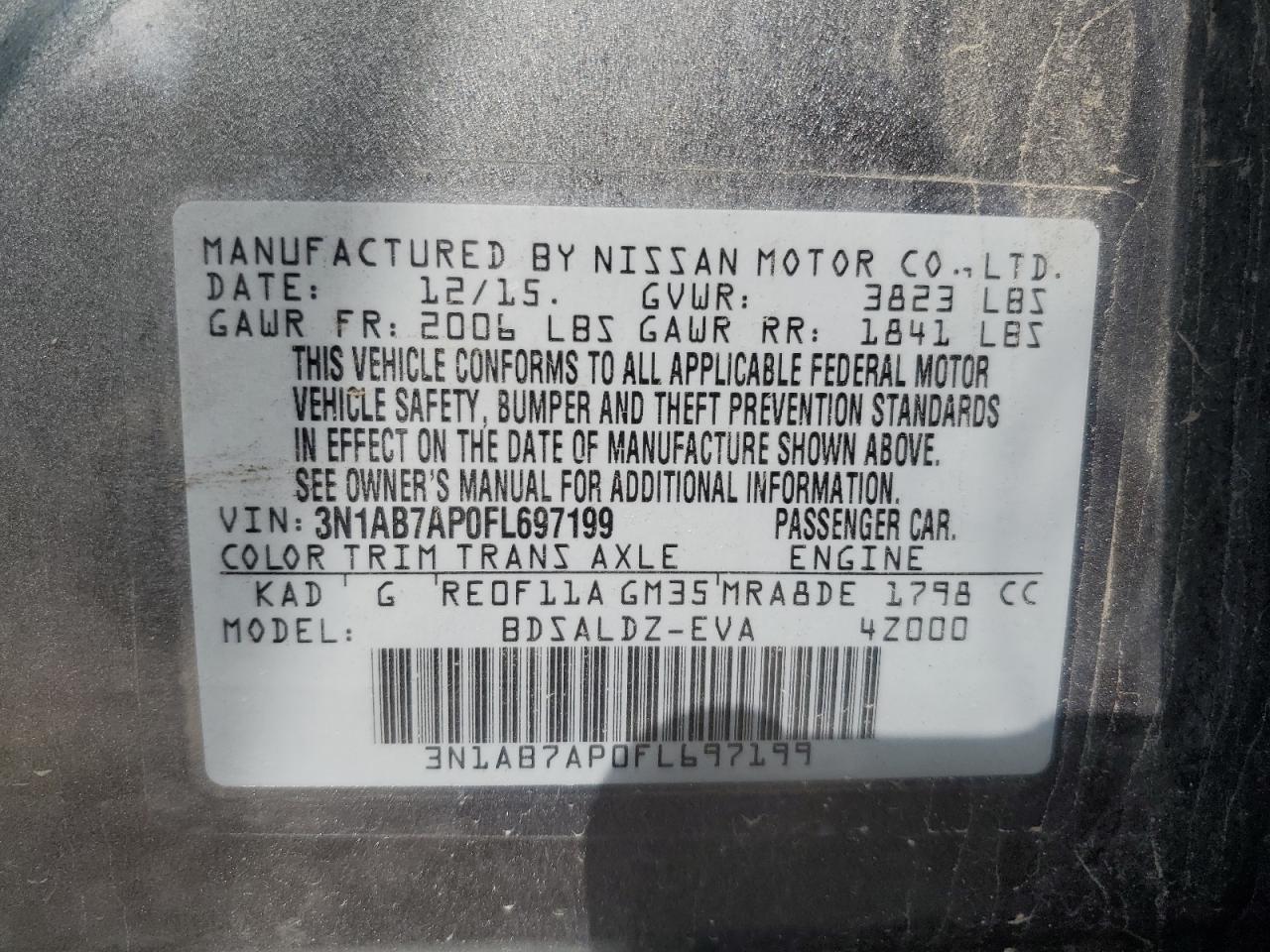 3N1AB7AP0FL697199 2015 Nissan Sentra S