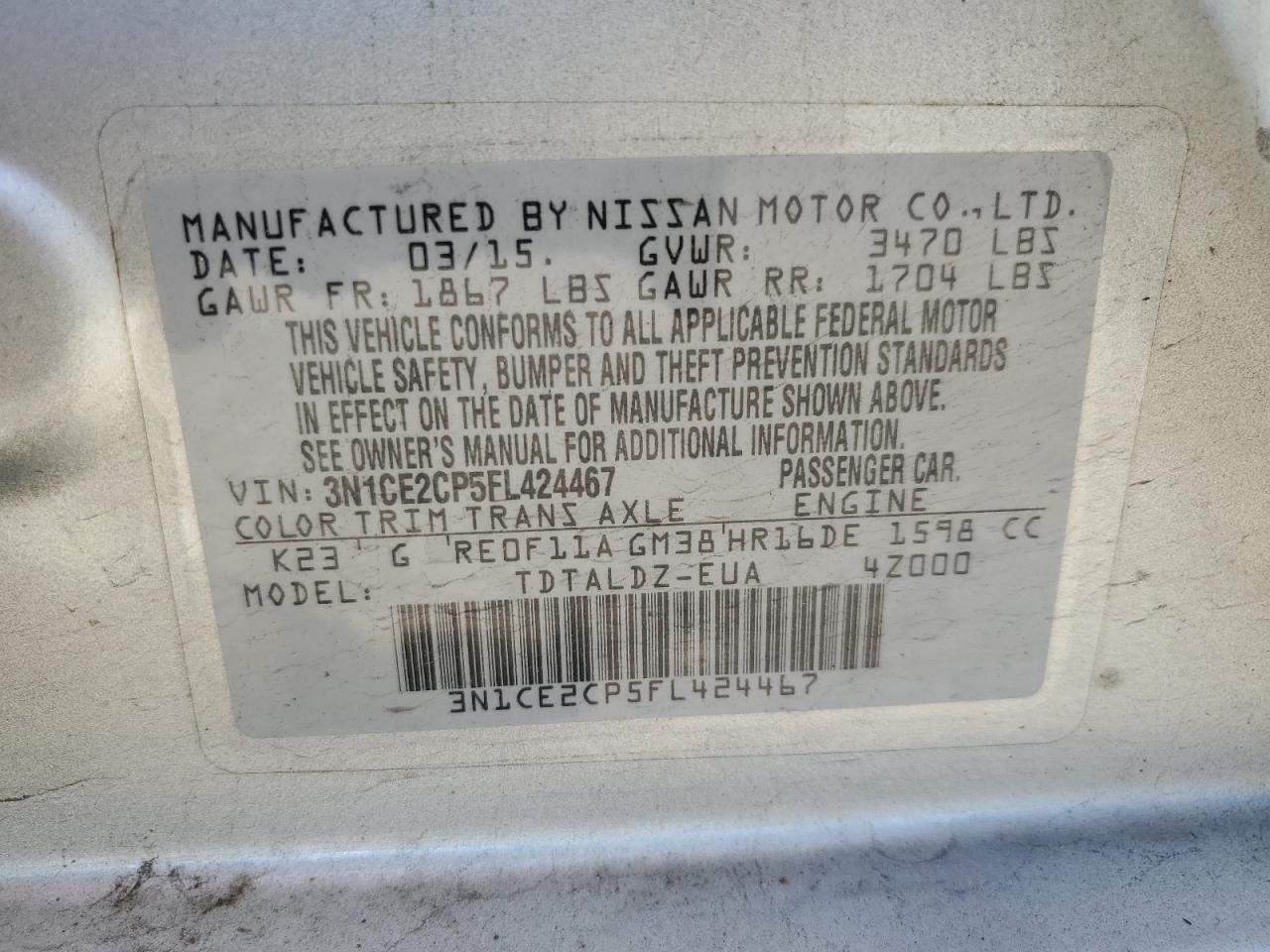 3N1CE2CP5FL424467 2015 Nissan Versa Note S