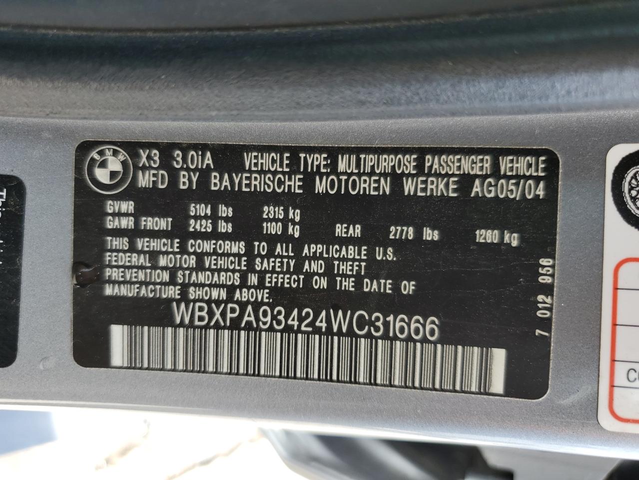 WBXPA93424WC31666 2004 BMW X3 3.0I