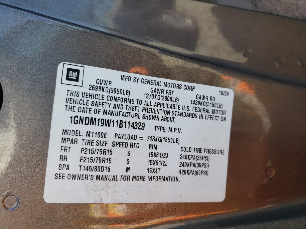 1GNDM19W11B114329 2001 Chevrolet Astro