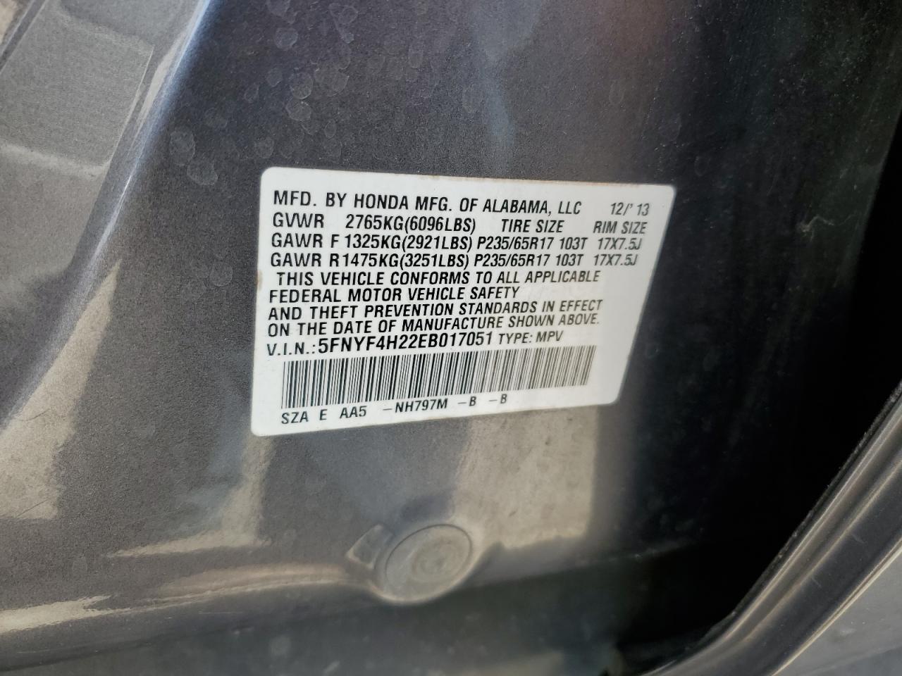 5FNYF4H22EB017051 2014 Honda Pilot Lx