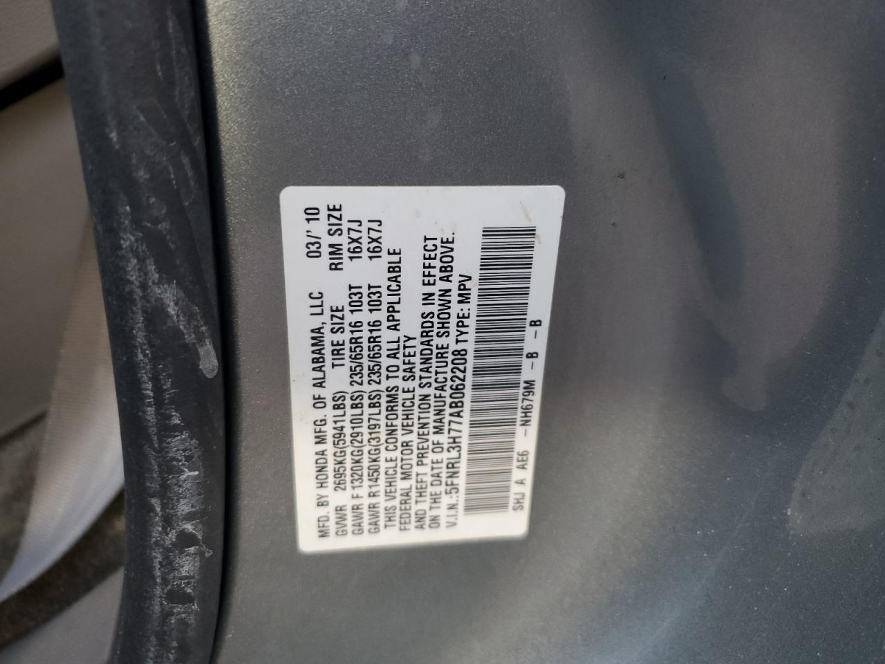 5FNRL3H77AB062208 2010 Honda Odyssey Exl