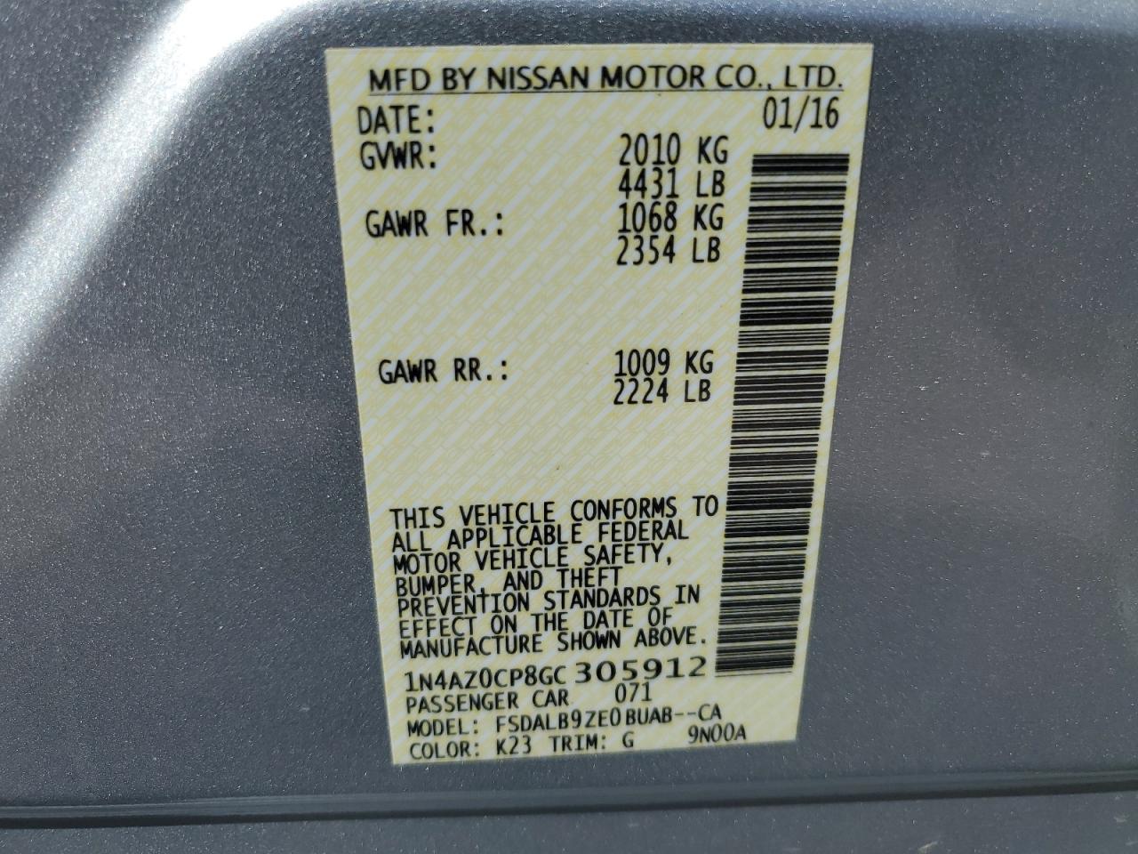 Lot #2533391352 2016 NISSAN LEAF S