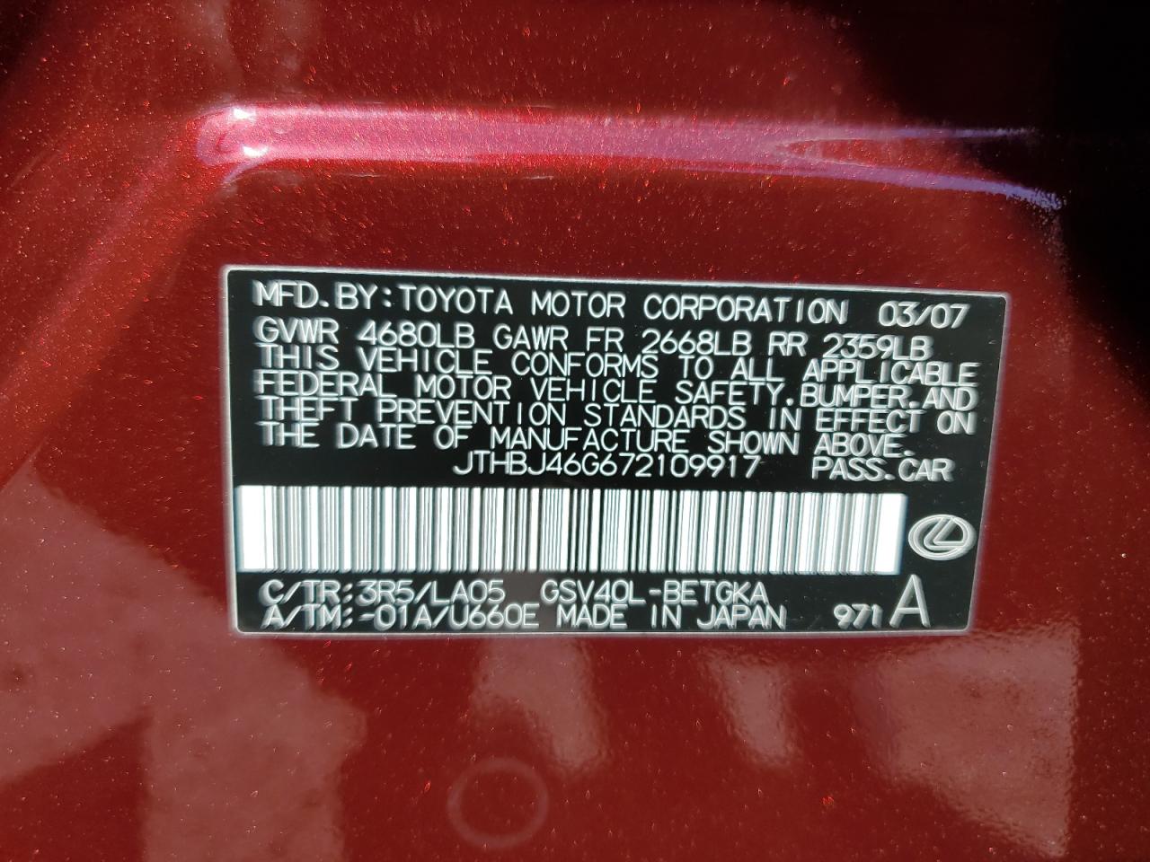 JTHBJ46G672109917 2007 Lexus Es 350