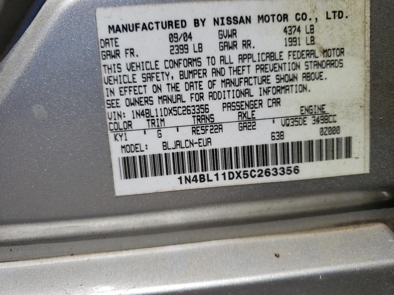 1N4BL11DX5C263356 2005 Nissan Altima Se