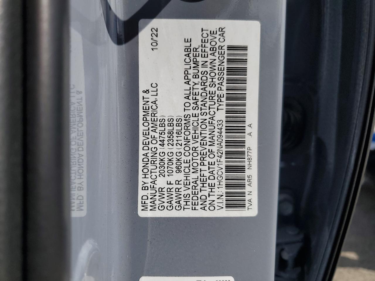 1HGCV1F42NA094433 2022 Honda Accord Sport Se