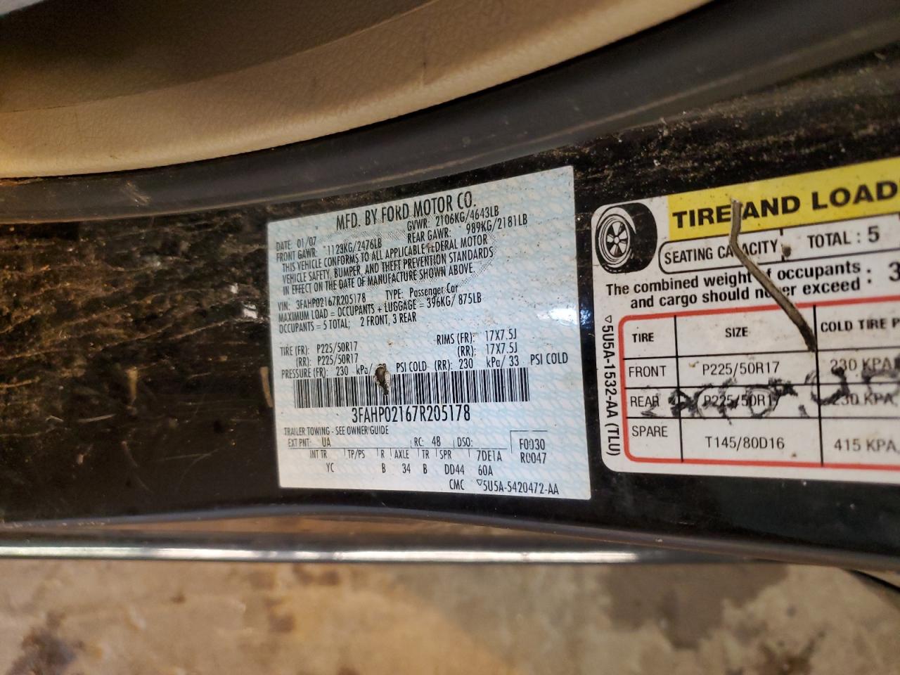 3FAHP02167R205178 2007 Ford Fusion Sel