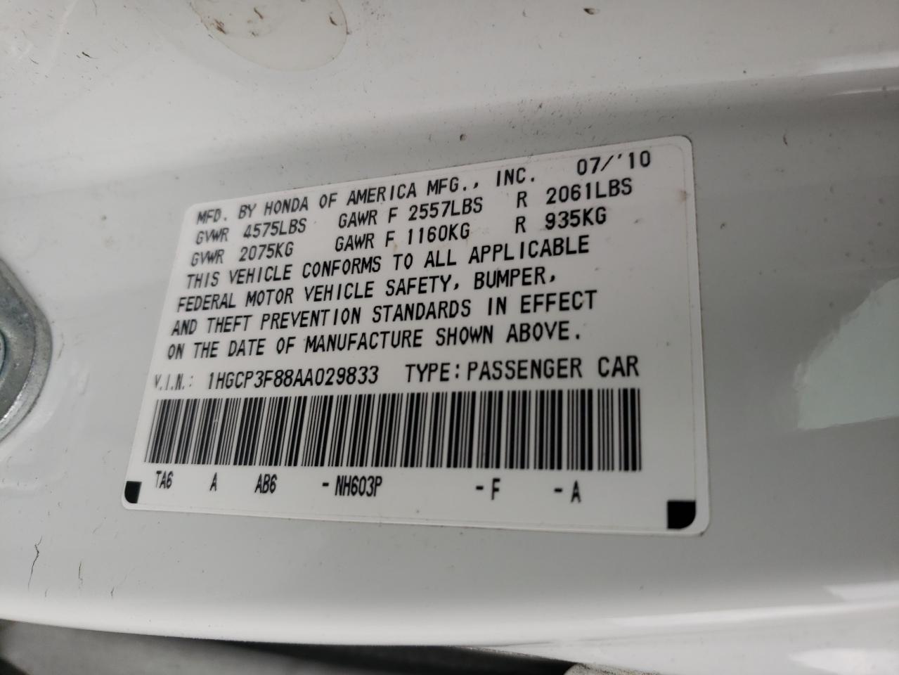 1HGCP3F88AA029833 2010 Honda Accord Exl