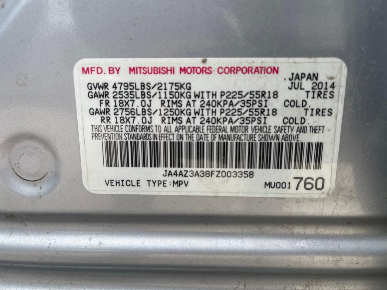 JA4AZ3A38FZ003358 2015 Mitsubishi Outlander Se