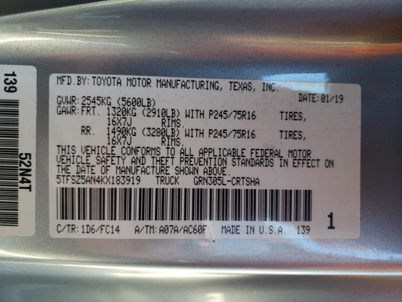 5TFSZ5AN4KX183919 2019 Toyota Tacoma Access Cab