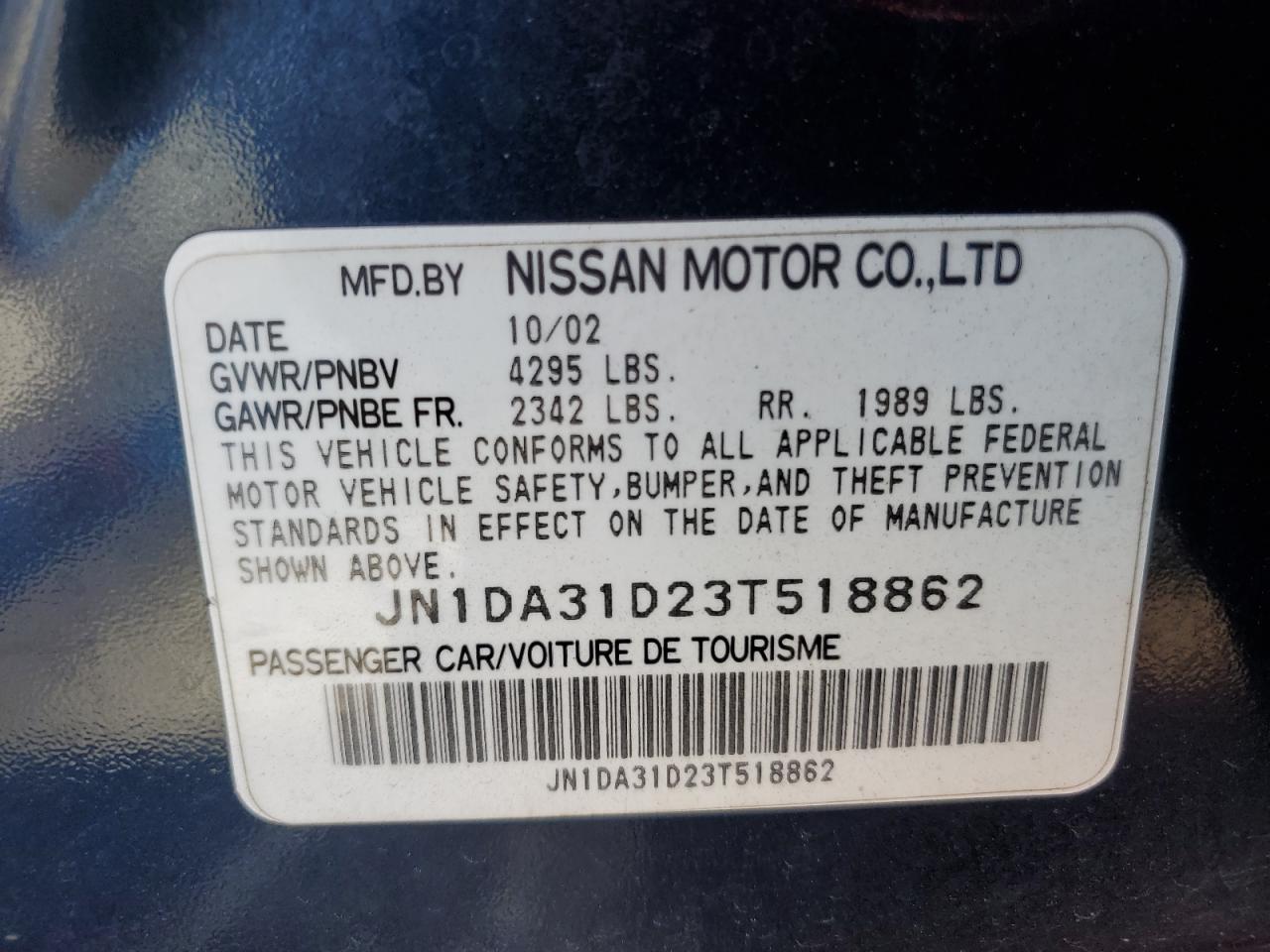 JN1DA31D23T518862 2003 Nissan Maxima Gle