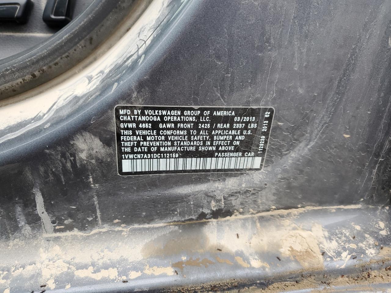 1VWCN7A31DC112159 2013 Volkswagen Passat Sel