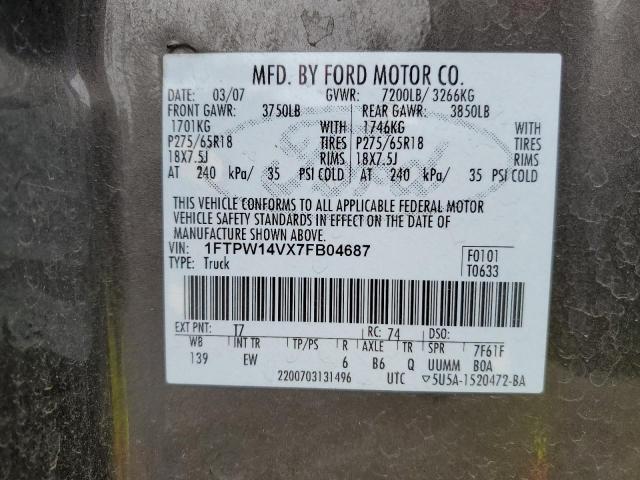 2007 Ford F150 Supercrew VIN: 1FTPW14VX7FB04687 Lot: 52864324