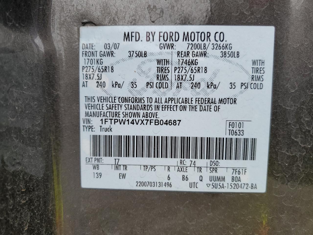 1FTPW14VX7FB04687 2007 Ford F150 Supercrew