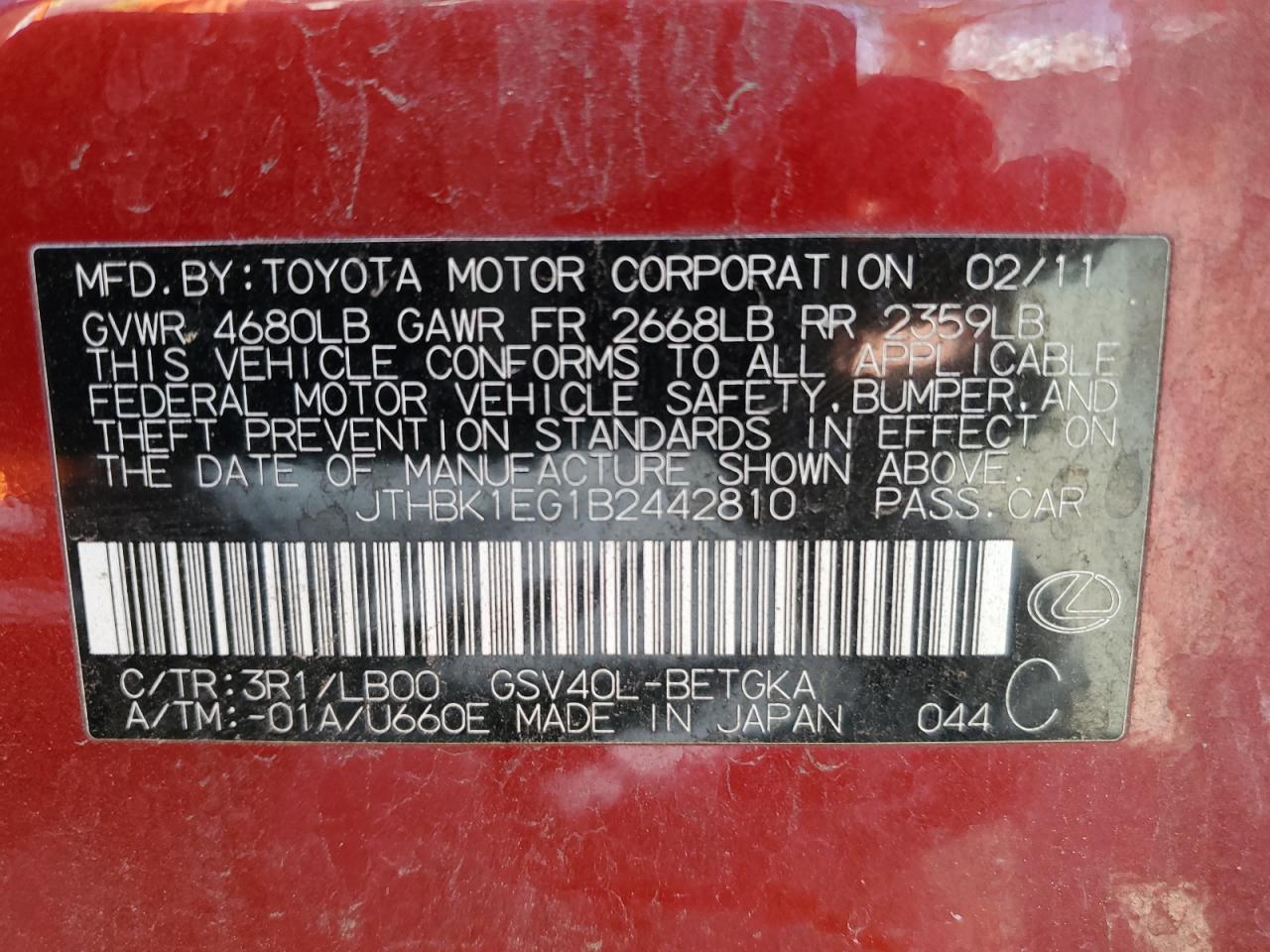 JTHBK1EG1B2442810 2011 Lexus Es 350