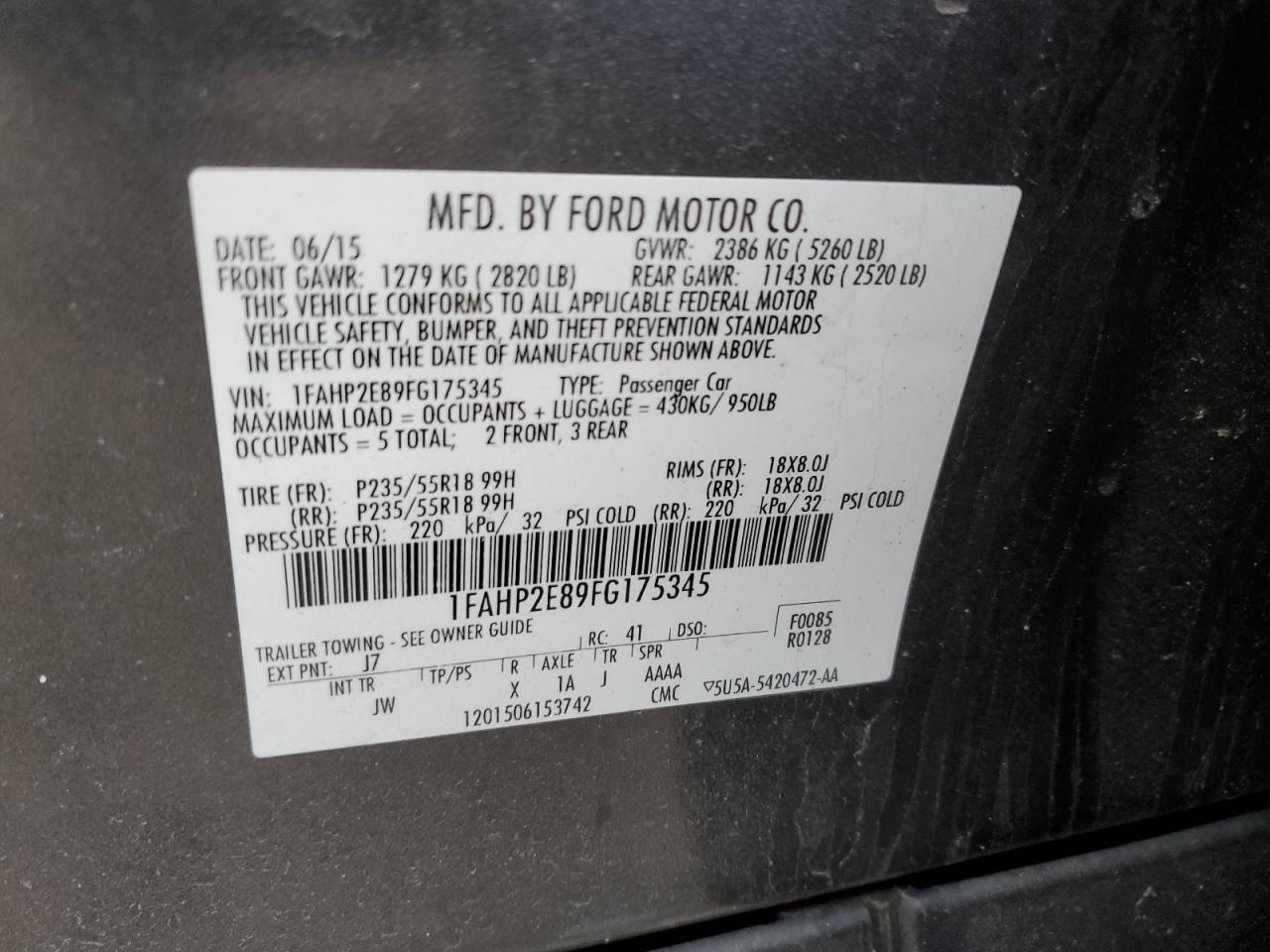 1FAHP2E89FG175345 2015 Ford Taurus Sel